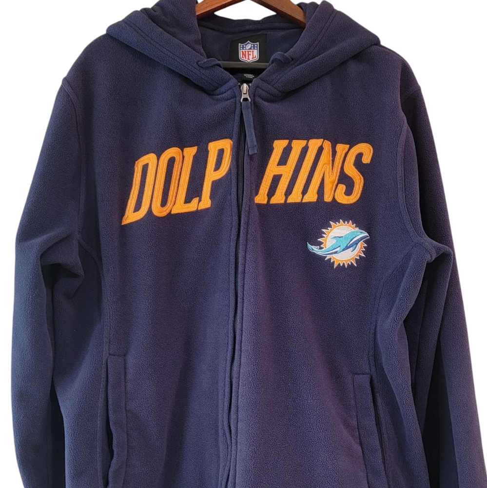 NFL Mens Large Dolphins Full Zipper Navy With Embroided Letters Hoodie PREOWNED